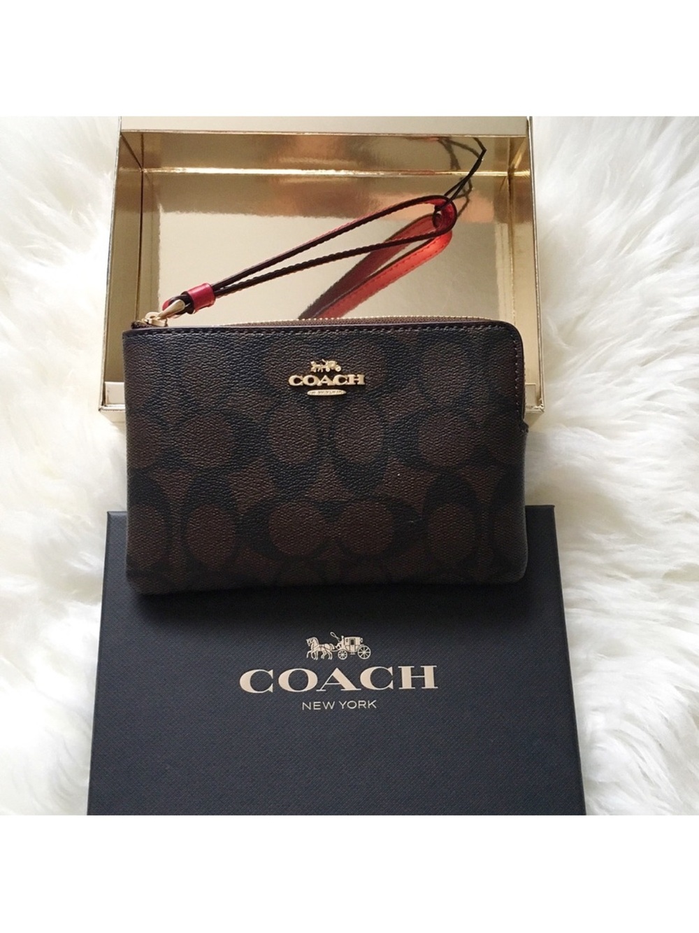 Coach Brown Signature Corner Zip Canvas Wristlet with Red Strap and Gold Logo